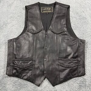Vintage 90s Black Leather Vest Western Cowboy Snaps Jacket Rope Design Size 50